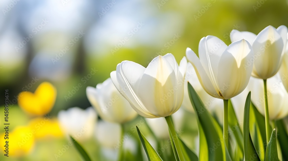 Aufkleber close-up view of several creamy white tulips in a garden setting, bathed in soft sunlight, with blur