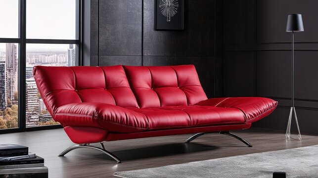Elegant Red Leather Sofa Bed in Modern Living Room