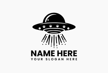 Bold black UFO with glowing beam lights, retro sci-fi vector logo for conspiracy podcasts and alien-themed brands 