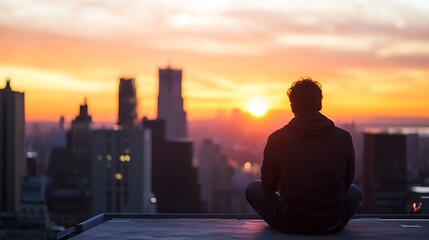 Fototapeta premium Silhouette of a man sitting on a rooftop, contemplating the cityscape during a vibrant sunrise. The warm, orange and pink hues of the dawn illuminate the urban skyline. : Generative AI