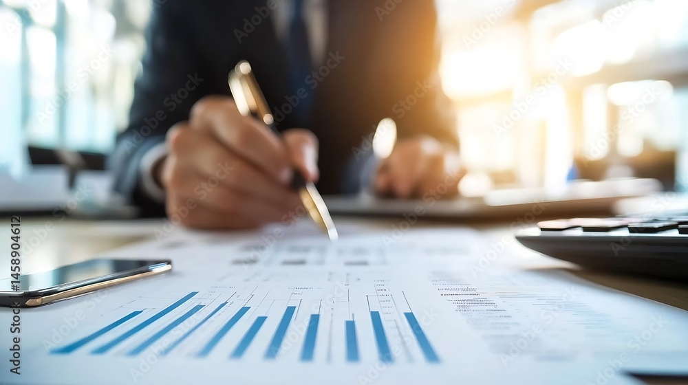 Poster close-up of a businessman's hands reviewing financial charts and graphs, using a gold pen to make no