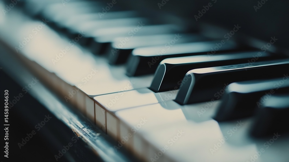 Aufkleber close-up view of a piano keyboard, showcasing the black and white keys in a shallow depth of field. 