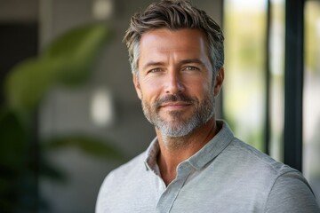 Confident middle-aged man with graying hair, smiling gently, wearing a light gray shirt.