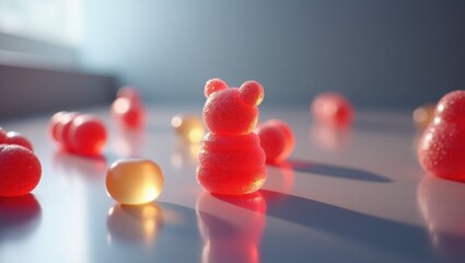 Thc Gummies. Futuristic candy landscape. Abstract futuristic concept. Futuristic landscape of colorful gummy bears line table, symbolizing playful and carefree youthful indulgence always.