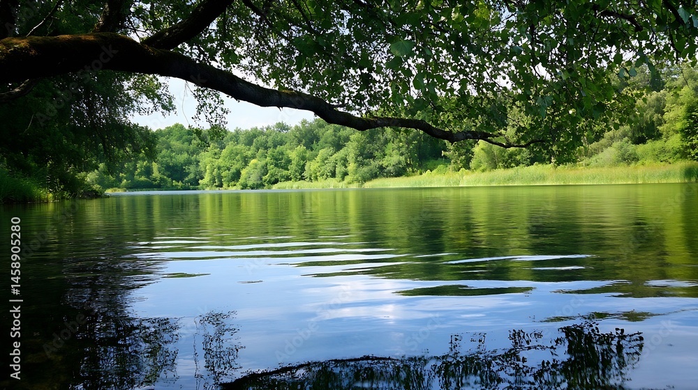 Leinwandbilder Serene summer scene: a tranquil river reflects lush green trees and a partly cloudy sky, viewed from under the shade of a large overhanging branch. : Generative AI