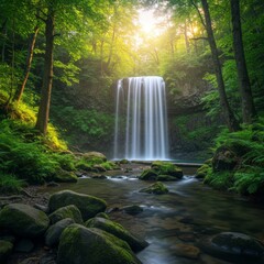 Obraz premium Sunlit Waterfall in Lush Green Forest