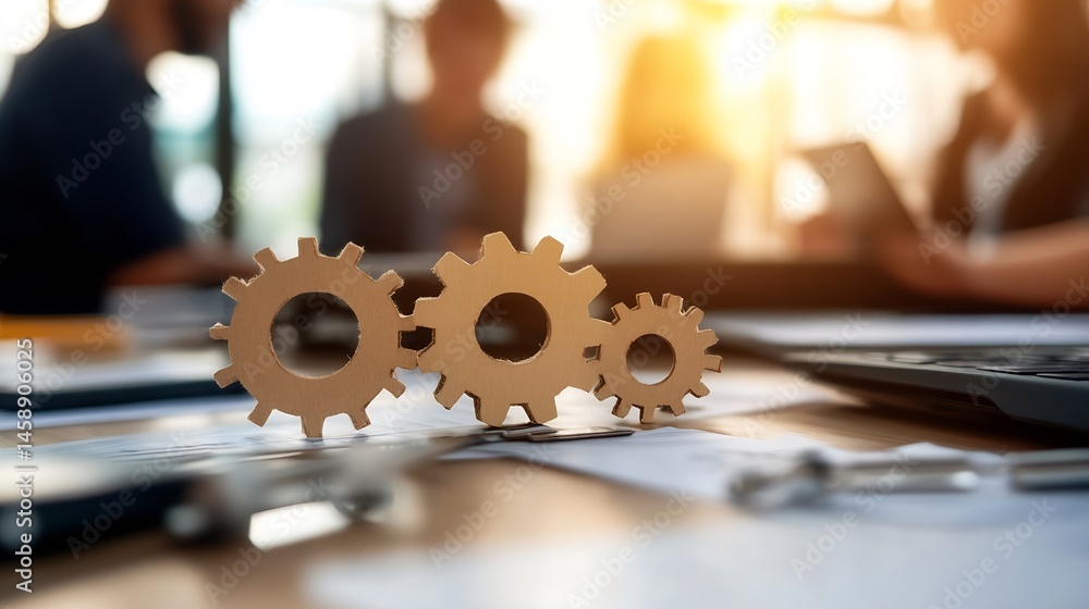 Poster Interlocking wooden gears on a desk, symbolizing teamwork and collaboration in a busy office environment with blurred professionals working in the background. : Generative AI