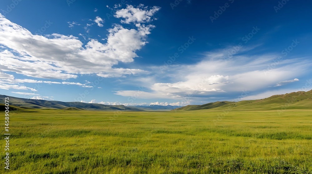 Poster vast green grassland under a bright blue sky with fluffy white clouds, rolling hills in the distance