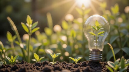 Eco-Friendly Light Bulb with Seedling Inside on Soil, Sustainable Energy Concept in Nature, Renewable Resources, Green Energy, Sunlight.
