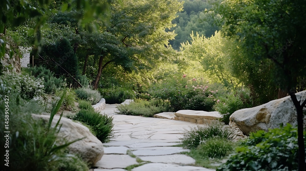Poster serene garden path winds through lush greenery, sunlight dappling leaves and stone, creating a tranq