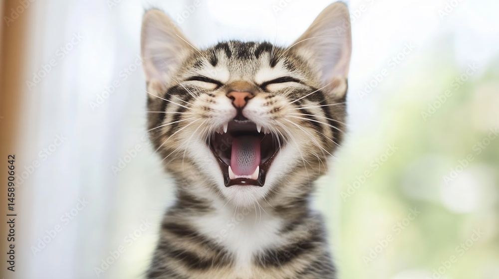 Aufkleber adorable tabby kitten with mouth open, showing pink tongue and teeth, against a blurred green and wh