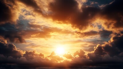 Fototapeta premium Dramatic sunset scene with vibrant orange and golden clouds, sun rays breaking through the dark storm clouds, creating a breathtaking celestial panorama. : Generative AI