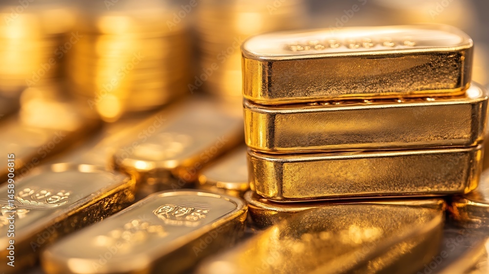 Aufkleber close-up view of a stack of three shiny gold bars, with numerous other gold bars blurred in the back