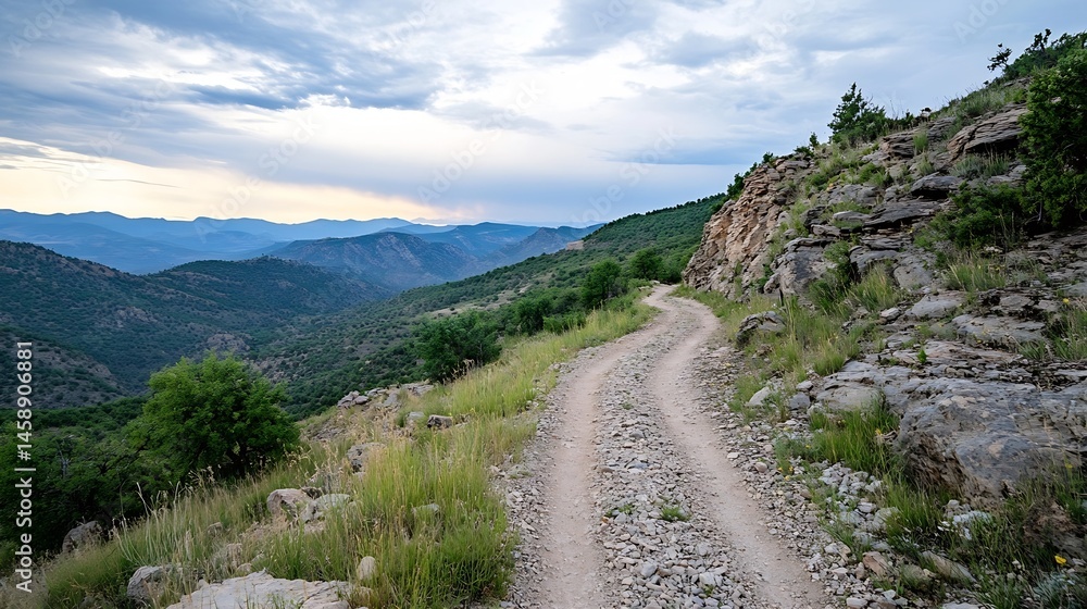 Aufkleber a gravel road winds through a mountainous landscape, offering scenic views of rolling hills and a cl