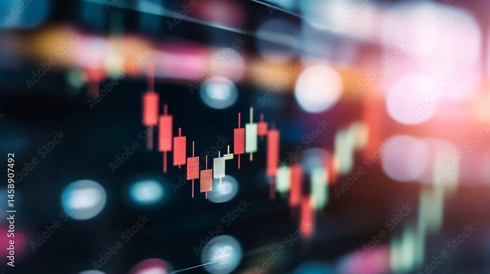 Leinwandbilder Close-up view of a stock market chart displayed on a screen, showing candlestick patterns in red, green, and off-white against a blurred background of city lights at night. : Generative AI