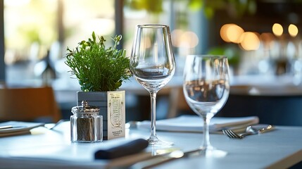 Elegant restaurant table setting with wine glasses, herbs, and pepper shaker, creating a sophisticated and inviting ambiance. : Generative AI