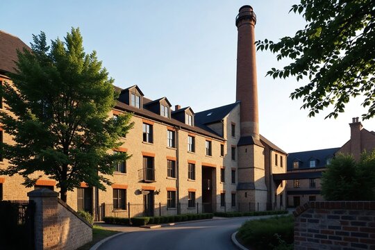 Historic Stone Textile Mill Conversion with Preserved Tall Chimney Now Housing Modern Residential Units, Architectural Regeneration