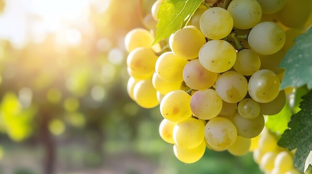 A cluster of ripe, sun-kissed green grapes hangs from a vine, bathed in warm, golden sunlight, showcasing their juicy, translucent texture. : Generative AI