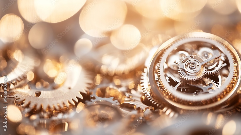 Fototapete close-up view of intricate golden gears and cogs, showcasing the complex mechanics of a clockwork me