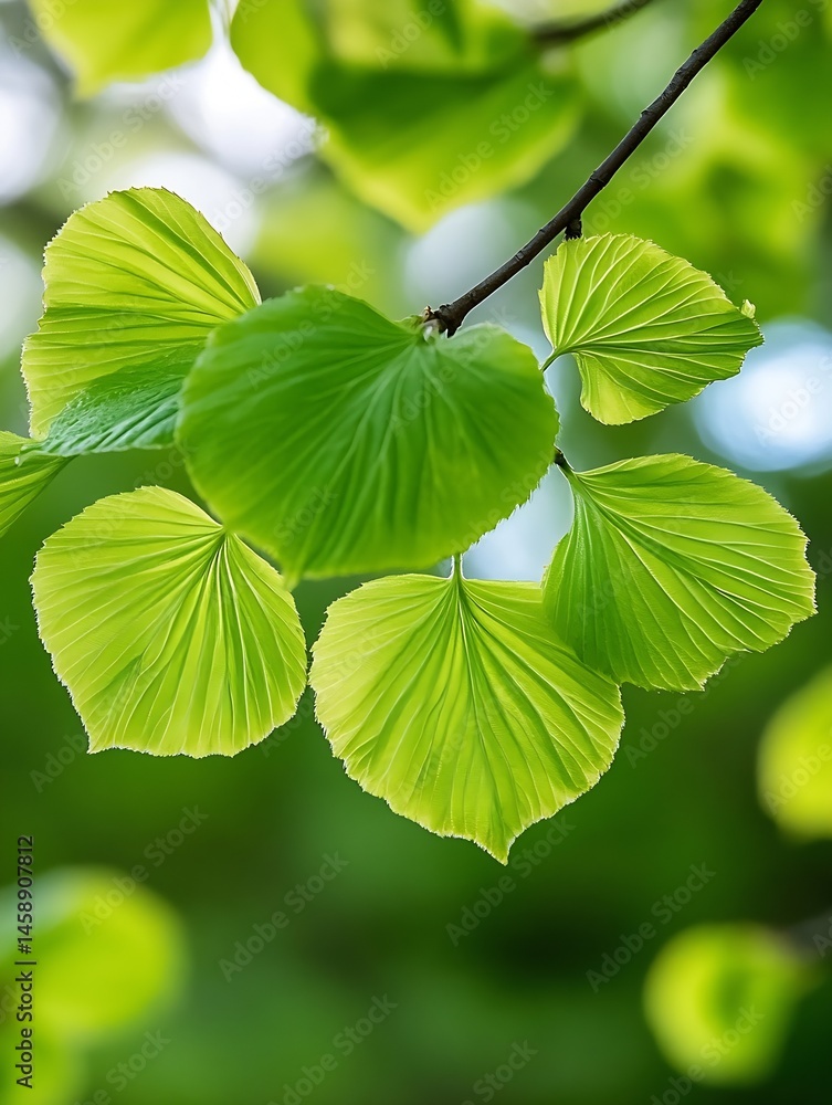Fototapete close-up of vibrant green leaves on a branch, showcasing intricate vein patterns and a fresh, spring