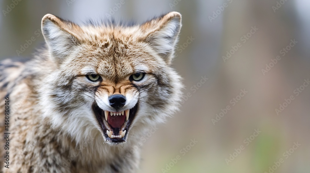Poster aggressive coyote snarling, showing teeth, close-up portrait in blurred natural background. wild can