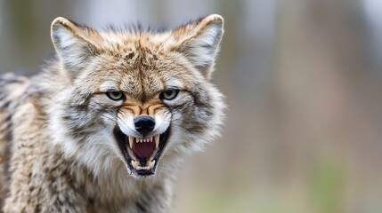 Obraz premium Aggressive coyote snarling, showing teeth, close-up portrait in blurred natural background. Wild canine predator with intense gaze. : Generative AI