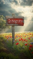 Sign with the word integrity written on it is standing in a field of flowers