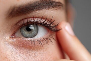 Obraz premium Close Up of Eye with Contact Lens and Finger