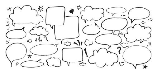 Fototapeta premium Dialogue speech bubbles with pen or crayon chalk doodle emphasis hand drawn style vector illustration set. Chat balloons crayon chalk style various dialogue frames collection hand drawn sketch style.