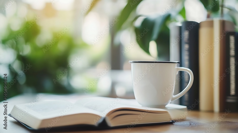 Aufkleber open book rests on wooden table beside a white mug and blurred background of books and greenery, sug