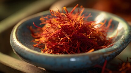 Fototapeta premium Vibrant saffron threads elegantly presented in a blue ceramic bowl, ready for use.