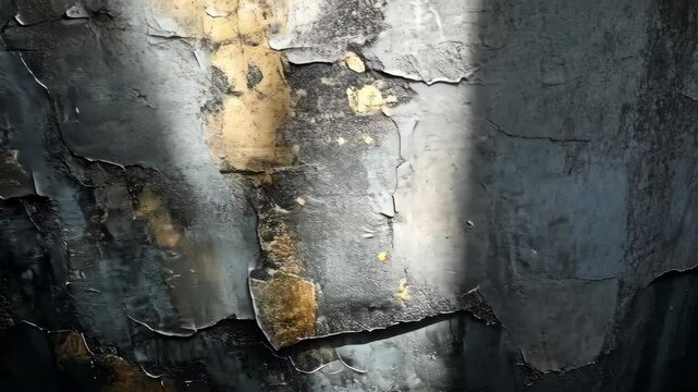 Weathered dark surface with peeling paint, revealing gold undertones and textured cracks