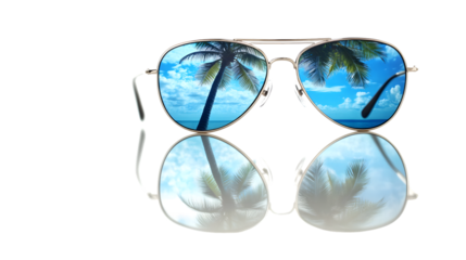Aviator Sunglasses Shades and Blue Ocean with Palm Trees Reflection