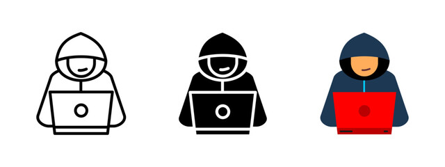 Hacker icon. Person in a hood working on a laptop vector illustration. Anonymous figure symbol. Concept of digital threat and cybersecurity sign. Network vulnerability pictogram.