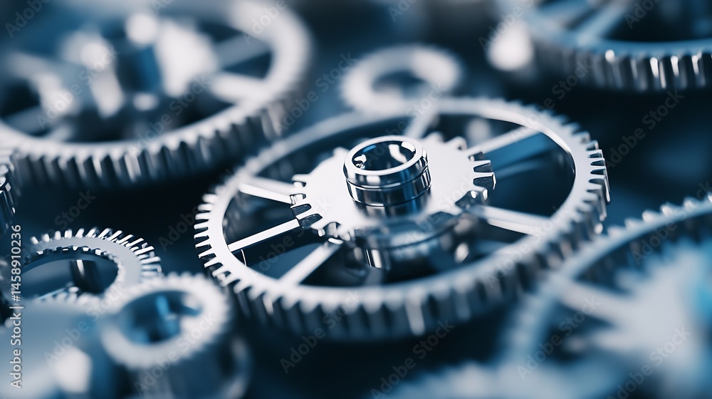 Poster Close-up view of intricate metal gears, showcasing precision engineering and complex mechanics.  The image highlights the detailed craftsmanship and interconnectivity of the gear syste : Generative AI