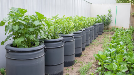 A row of black plastic containers with plants in them
