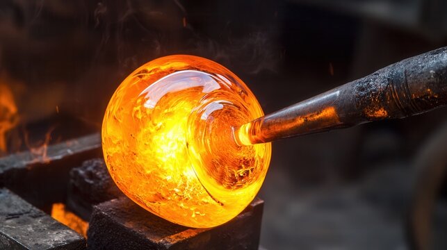 realistic photo of glassblower shaping molten glass at high heat, glowing orange material, traditional workshop environment