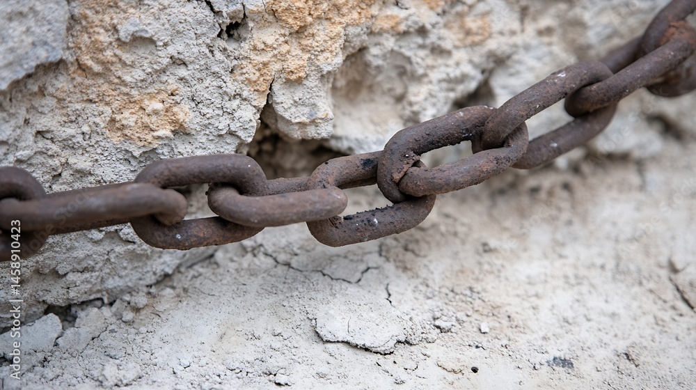 Poster close-up view of a rusty chain resting against a weathered, cracked concrete wall, showing texture a