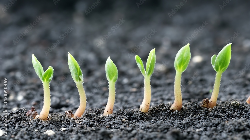 Poster close-up view of six vibrant green seedlings emerging from dark soil, showcasing early growth stages