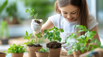 Smiling girl planting herbs in pots with gardening gloves indoors representing sustainable lifestyle and eco friendly living
