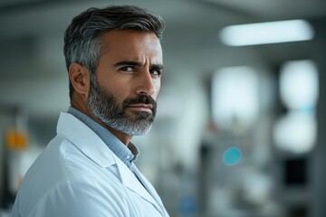 Obraz premium A serious, middle-aged man with graying hair, wearing a white lab coat, looks over his shoulder.