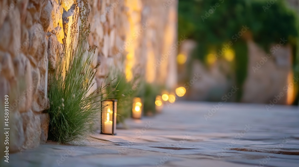 Fototapete illuminated pathway with lanterns and grasses beside a stone wall at dusk, creating a warm and invit
