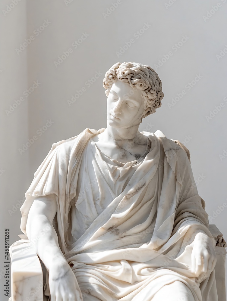 Poster serene marble statue of a classical figure, draped in flowing robes, seated thoughtfully, bathed in 