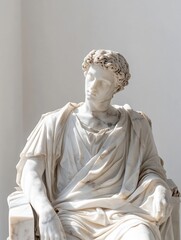 Serene marble statue of a classical figure, draped in flowing robes, seated thoughtfully, bathed in soft sunlight against a minimalist white backdrop. : Generative AI