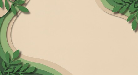 A calming background with layered paper-cut shapes in shades of green and beige, adorned with vibrant green leaves in the corners.