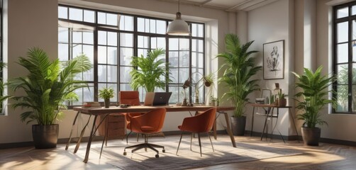 Sunlit office with bold accents  Stylish furniture, plants ,  design,  colorful,  fun