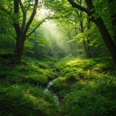 Fototapeta premium Sunlit Forest Path with Lush Green Vegetation