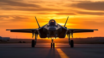 Fototapeta premium F-35 Lightning II stealth fighter jet silhouetted against a vibrant sunset, showcasing its powerful design and advanced technology on a runway. : Generative AI