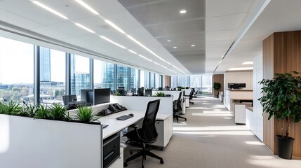 Modern open plan office workspace with white desks, black chairs, and large windows offering city views. Sunlight streams through the glass, illuminating the contemporary interior desi : Generative AI