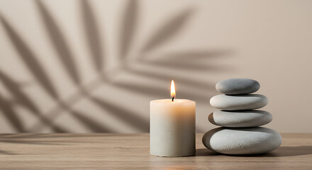 A lit white pillar candle glows softly beside a stack of smooth grey stones on a wooden surface, with a gentle leaf shadow on the wall.